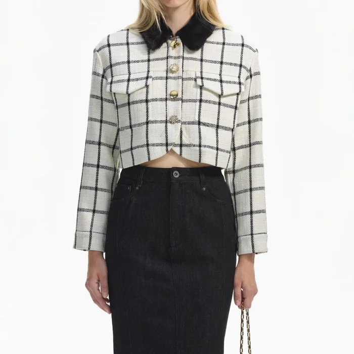 Self Portrait Outerwear Cream Check Boxy Jacket 8211 Women Self Portrait Outerwear Cream Check Boxy Jacket 8211 Women