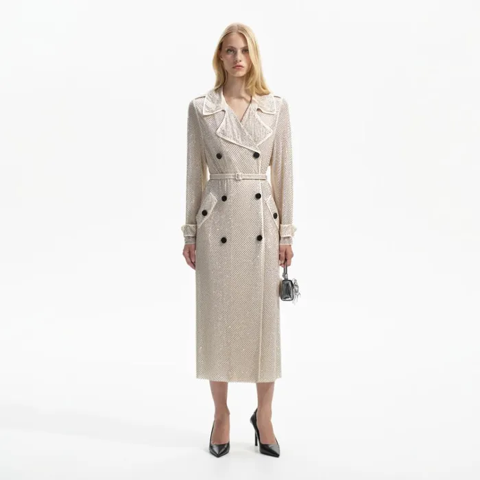 Self Portrait Outerwear Cream Rhinestone Trench 8211 Women
