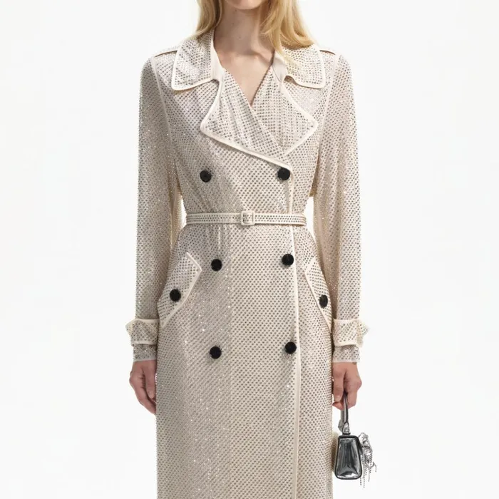 Self Portrait Outerwear Cream Rhinestone Trench 8211 Women