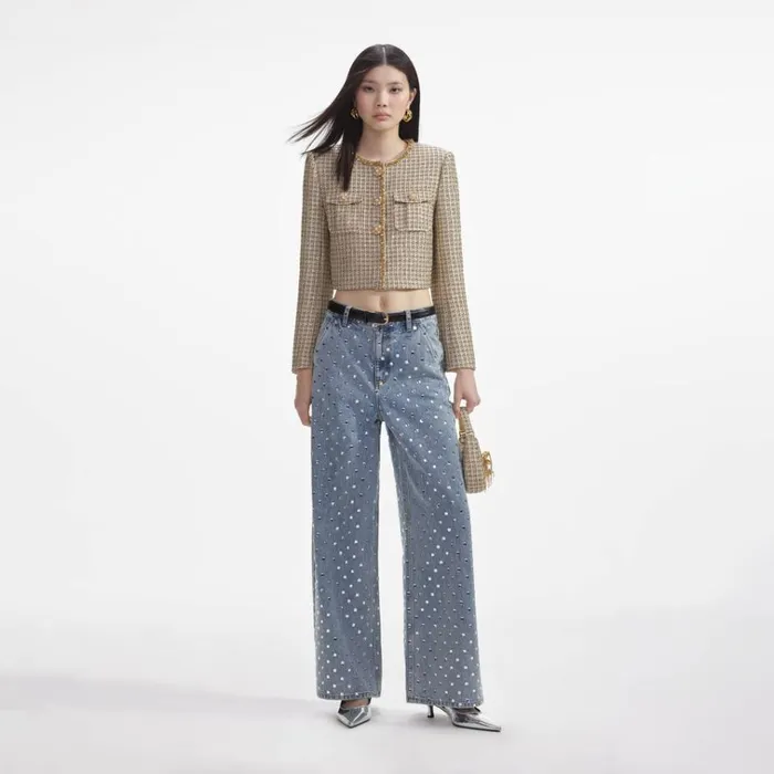 Self Portrait Outerwear Gold Boucle Cropped Jacket 8211 Women