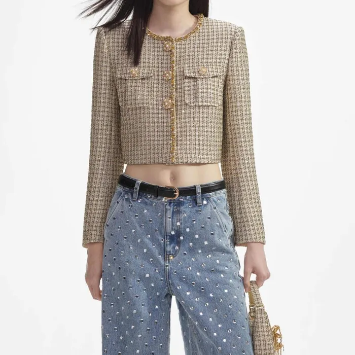 Self Portrait Outerwear Gold Boucle Cropped Jacket 8211 Women Self Portrait Outerwear Gold Boucle Cropped Jacket 8211 Women