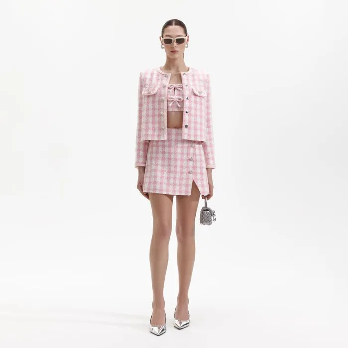 Self Portrait Outerwear Pink Check Boucle Jacket 8211 Women