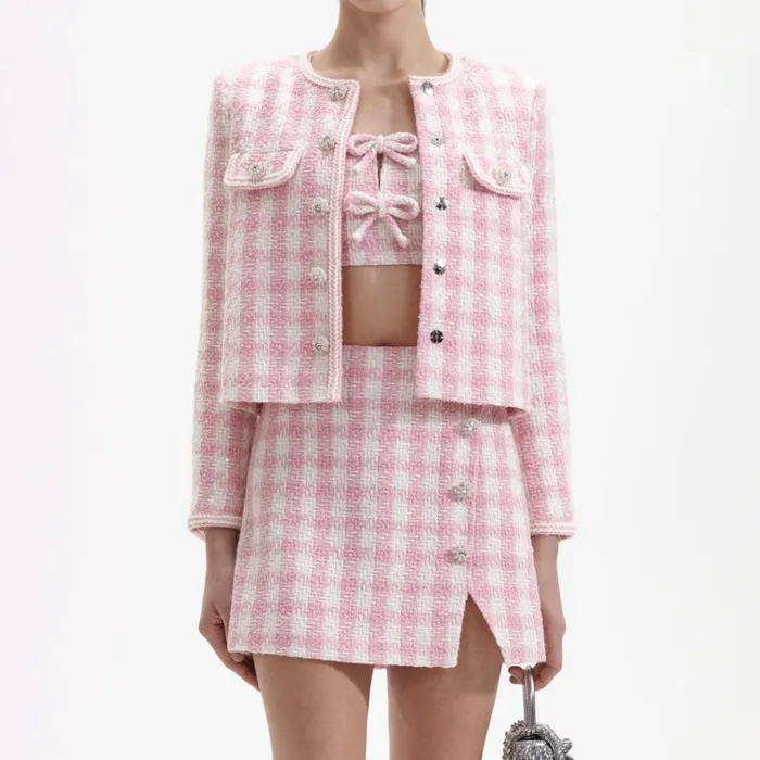 Self Portrait Outerwear Pink Check Boucle Jacket 8211 Women Self Portrait Outerwear Pink Check Boucle Jacket 8211 Women