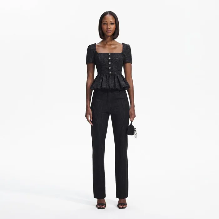 Self Portrait Tops Black Boucle Peplum Top 8211 Women