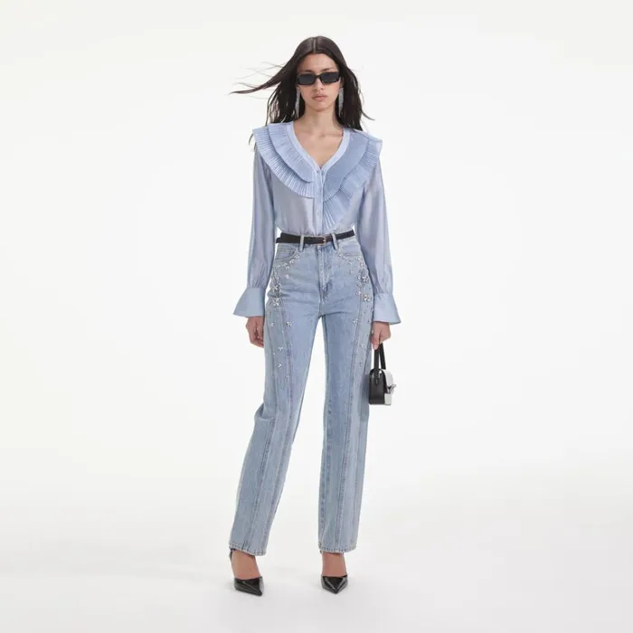 Self Portrait Tops Blue Satin Organza Blouse 8211 Women