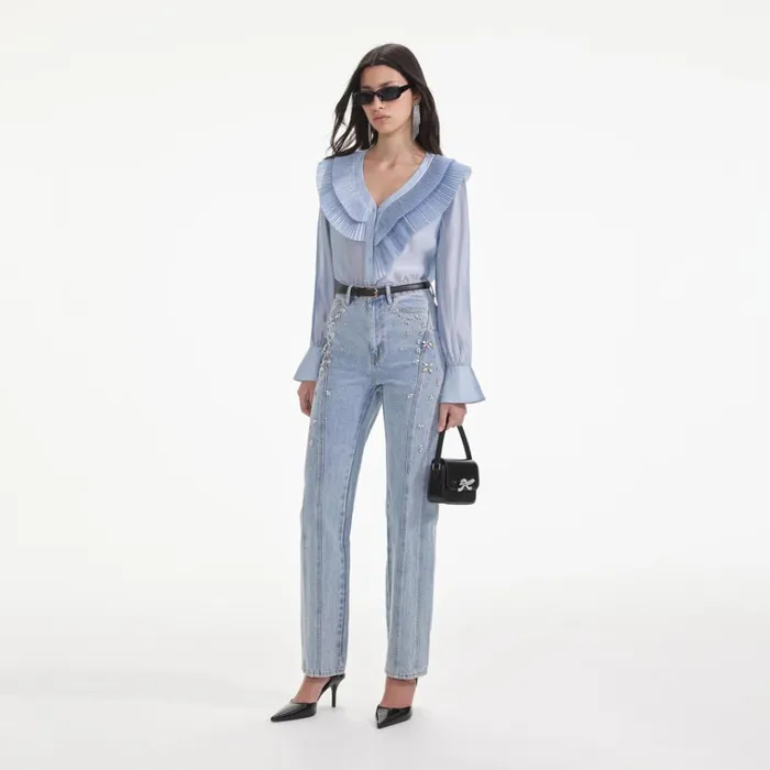 Self Portrait Tops Blue Satin Organza Blouse 8211 Women Self Portrait Tops Blue Satin Organza Blouse 8211 Women