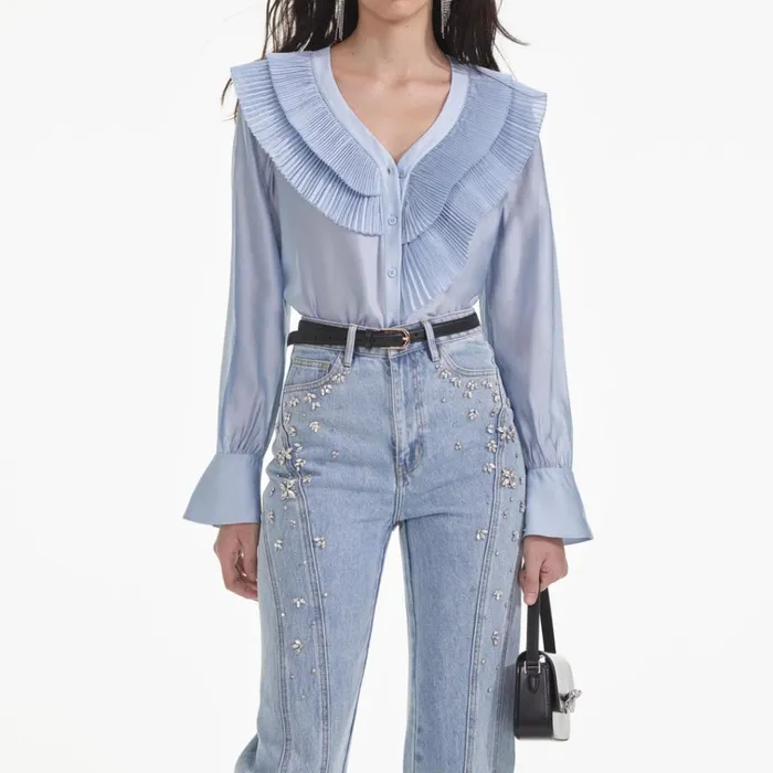 Self Portrait Tops Blue Satin Organza Blouse 8211 Women Self Portrait Tops Blue Satin Organza Blouse 8211 Women
