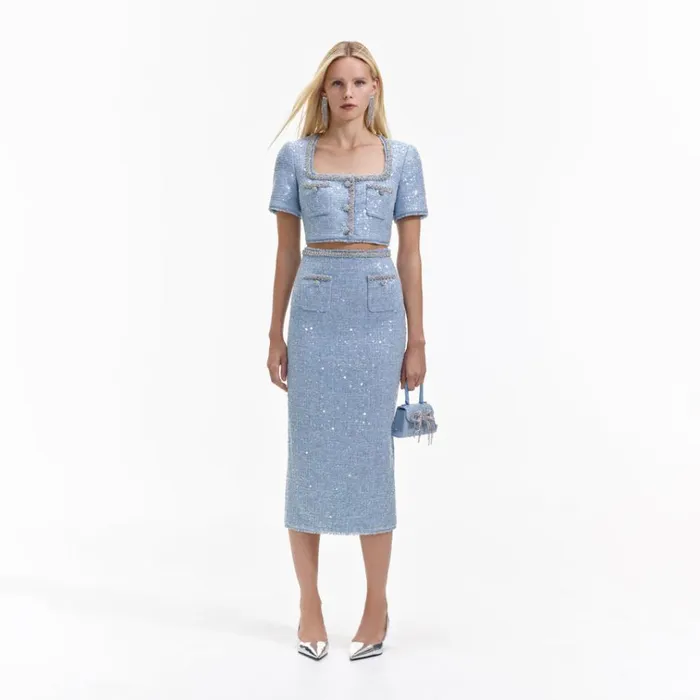 Self Portrait Tops Blue Sequin Boucle Crop Top 8211 Women