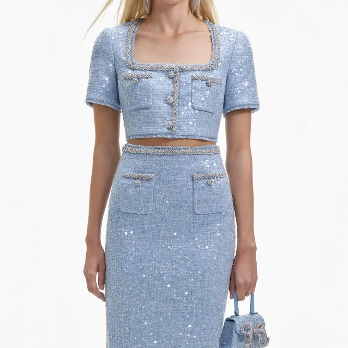 Self Portrait Tops Blue Sequin Boucle Crop Top 8211 Women Self Portrait Tops Blue Sequin Boucle Crop Top 8211 Women