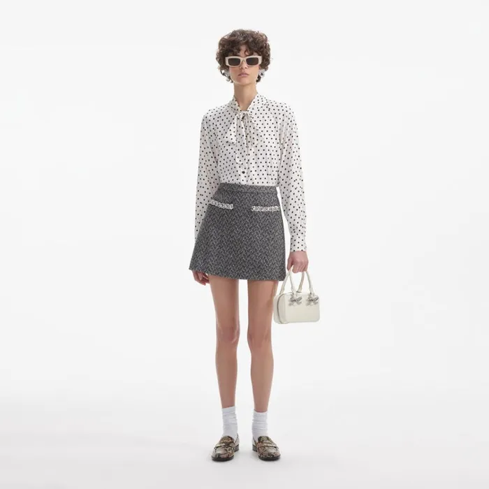 Self Portrait Tops Cream Polka Dot Satin Blouse 8211 Women
