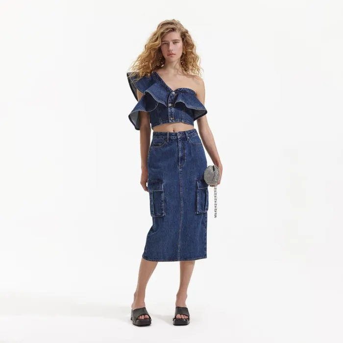 Self Portrait Tops Denim Frill One Shoulder Top 8211 Women