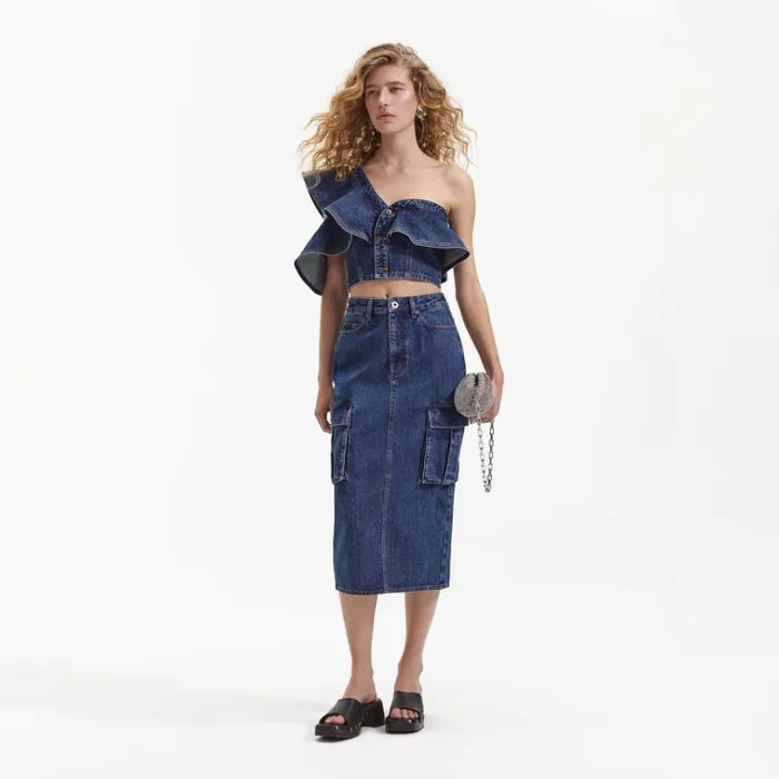 Self Portrait Tops Denim Frill One Shoulder Top 8211 Women Self Portrait Tops Denim Frill One Shoulder Top 8211 Women