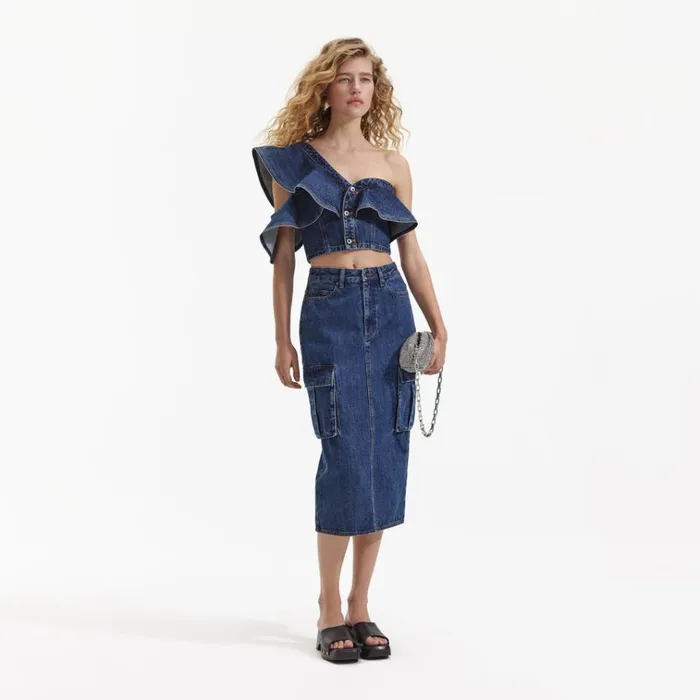 Self Portrait Tops Denim Frill One Shoulder Top 8211 Women Self Portrait Tops Denim Frill One Shoulder Top 8211 Women