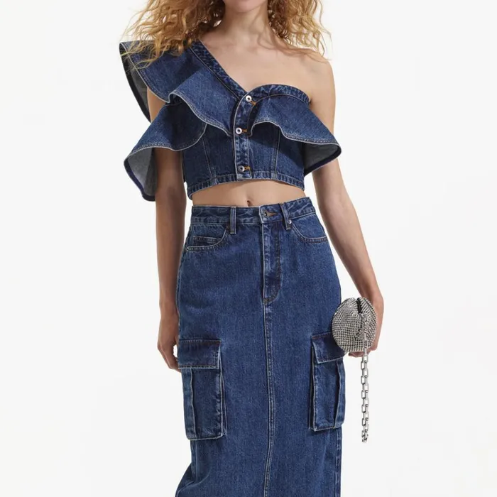 Self Portrait Tops Denim Frill One Shoulder Top 8211 Women Self Portrait Tops Denim Frill One Shoulder Top 8211 Women
