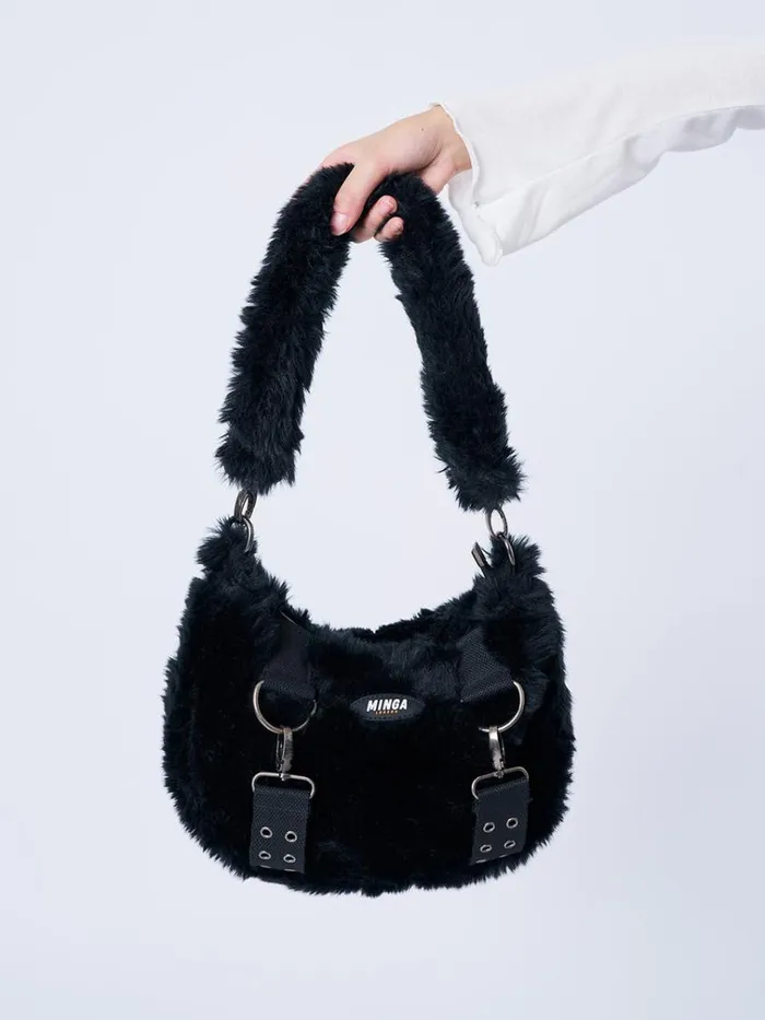 Shop Arrya Black Furry Shoulder Chain Bag Minga London Accessories