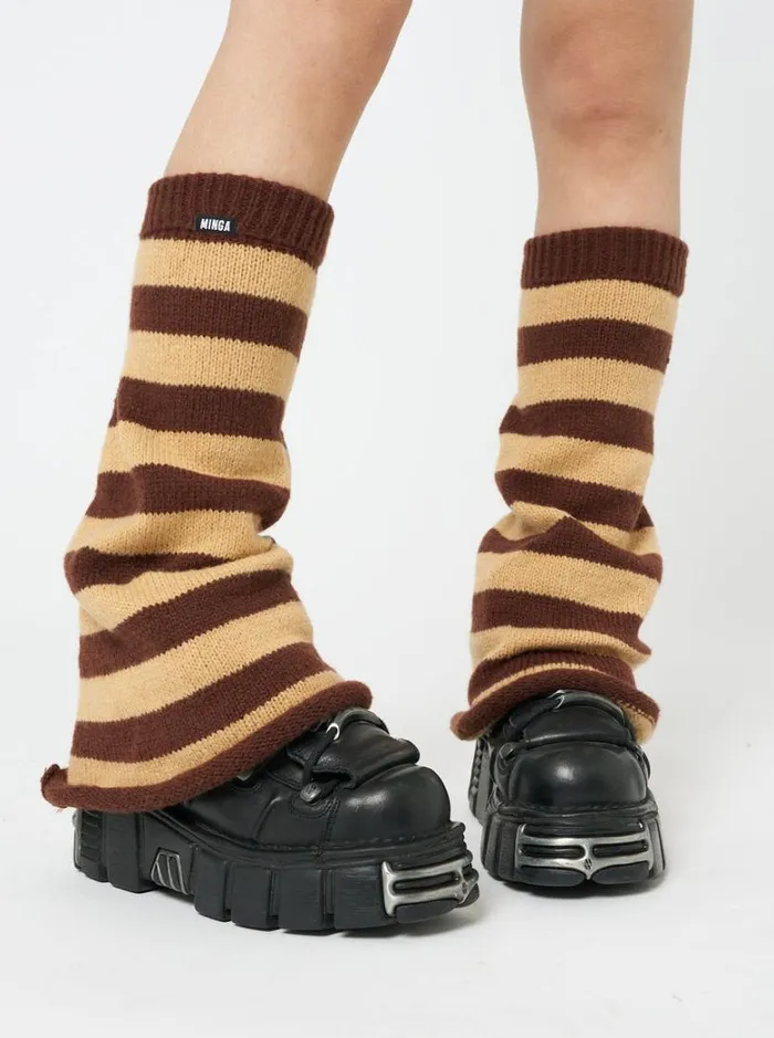 Shop Minga London Accessories Brown and Honey Striped Flare Leg Warmers