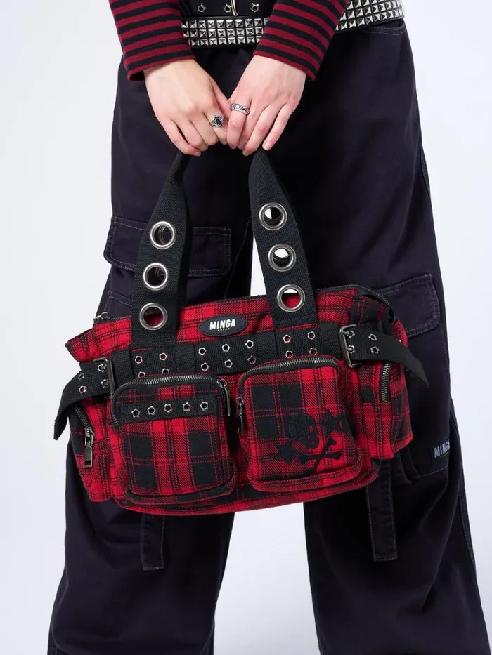 Shop Minga London Accessories Devon Red Tartan Multi Pockets Handbag