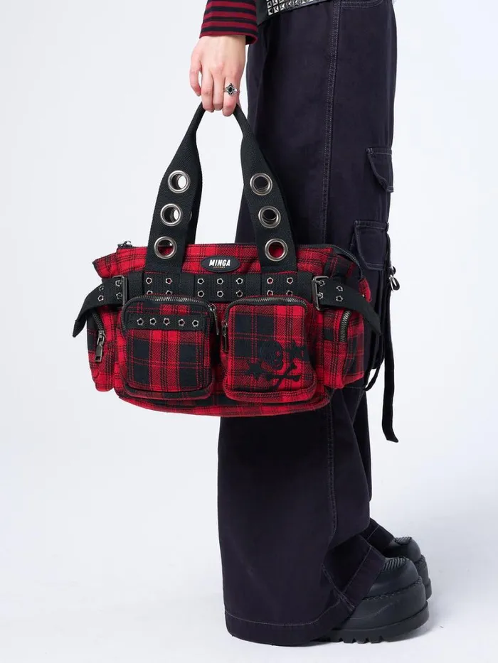 Shop Minga London Accessories Devon Red Tartan Multi Pockets Handbag