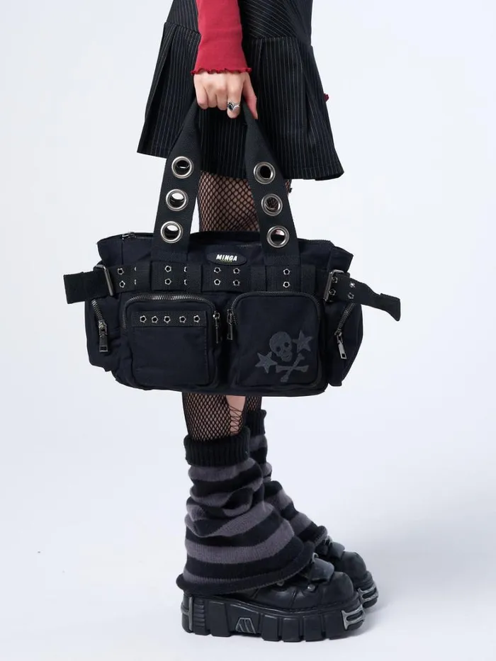 Shop Minga London Accessories Sky Of Skulls Black Multi Pockets Handbag