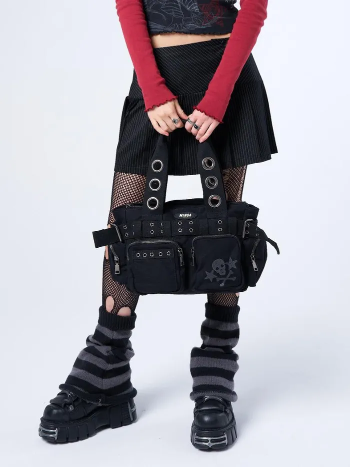 Shop Minga London Accessories Sky Of Skulls Black Multi Pockets Handbag
