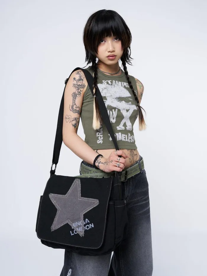 Shop Minga London Accessories Super Star Black Canvas Messenger Bag