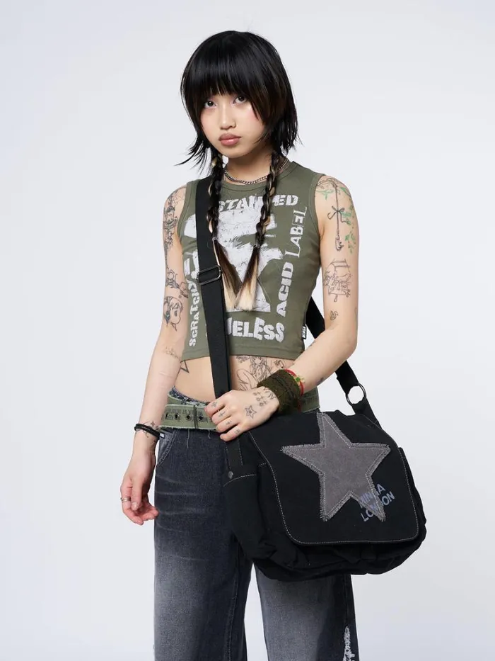 Shop Minga London Accessories Super Star Black Canvas Messenger Bag