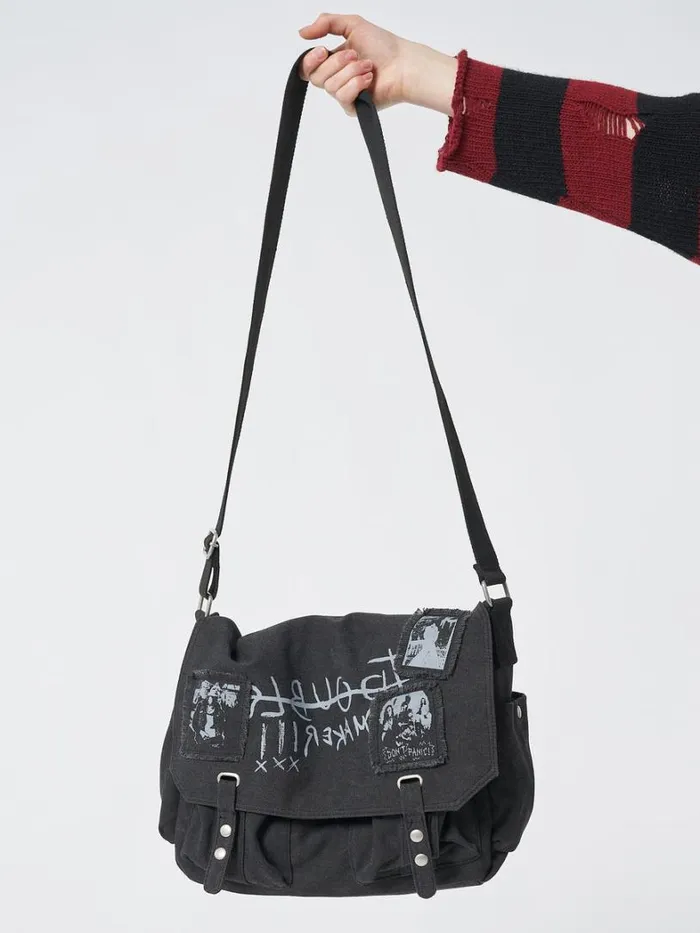 Shop Minga London Accessories Troublemaker Black Canvas Messenger Bag