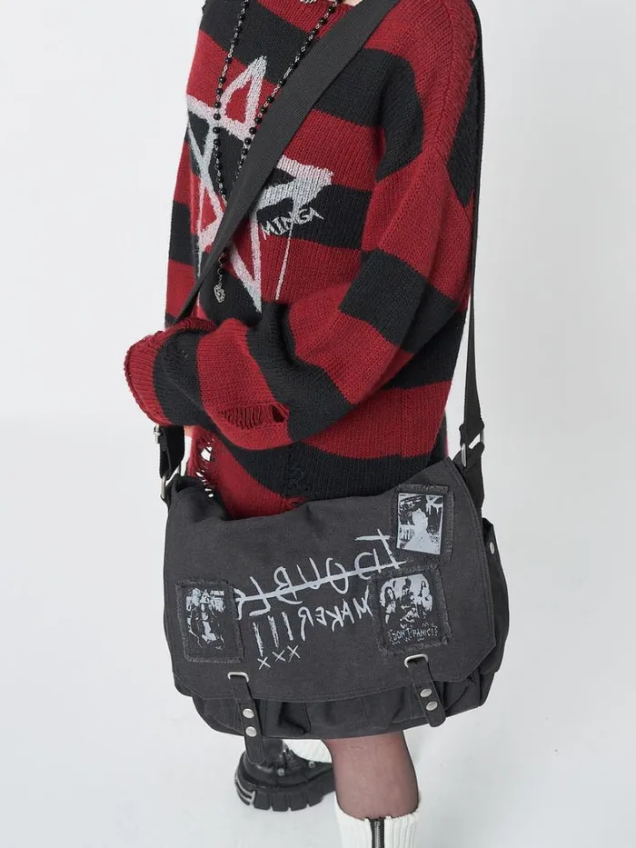 Shop Minga London Accessories Troublemaker Black Canvas Messenger Bag