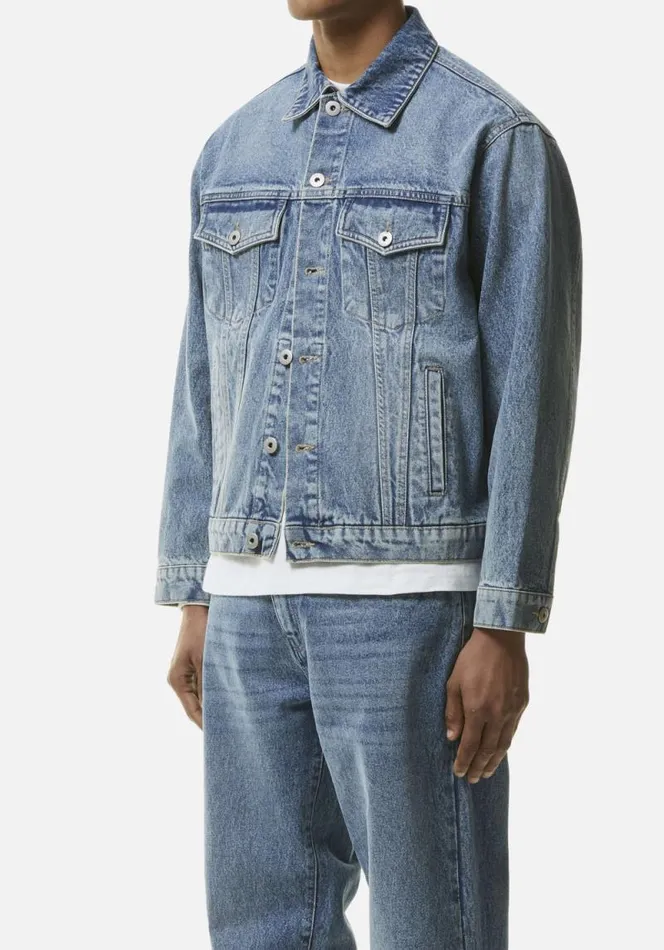 Shop MKI 16OZ DENIM TRUCKER JACKET Bleach Wash MKI MIYUKI ZOKU Outerwear Shop MKI 16OZ DENIM TRUCKER JACKET Bleach Wash MKI MIYUKI ZOKU Outerwear