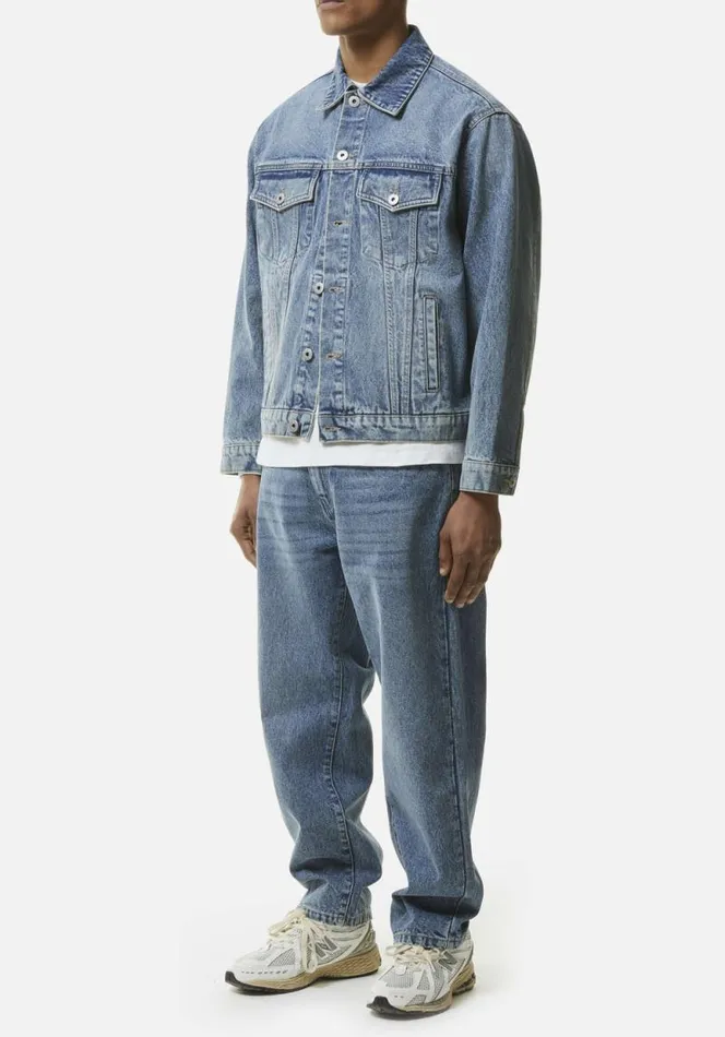 Shop MKI 16OZ DENIM TRUCKER JACKET Bleach Wash MKI MIYUKI ZOKU Outerwear Shop MKI 16OZ DENIM TRUCKER JACKET Bleach Wash MKI MIYUKI ZOKU Outerwear