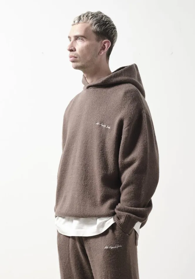 Shop MKI MOHAIR BLEND KNIT HOODY Brown MKI MIYUKI ZOKU Knitwear