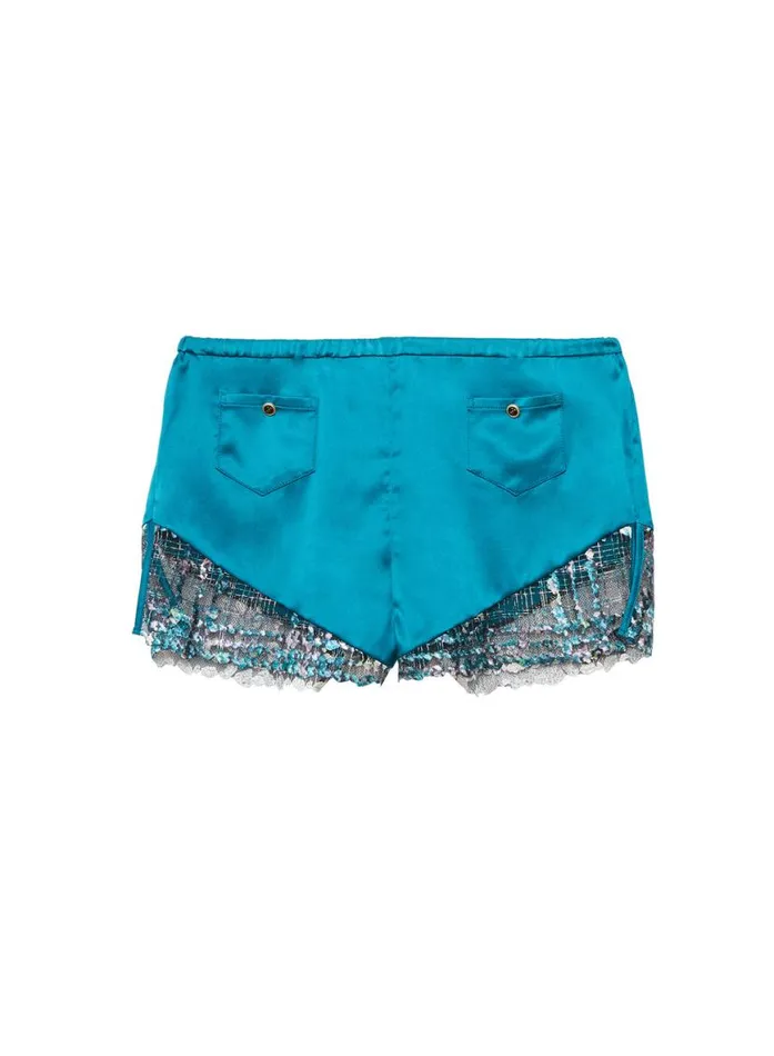 Shorts and Skirts LingerieClothing Fleur Du Mal Gabrielle Embroidery Tap Short Aquamarine