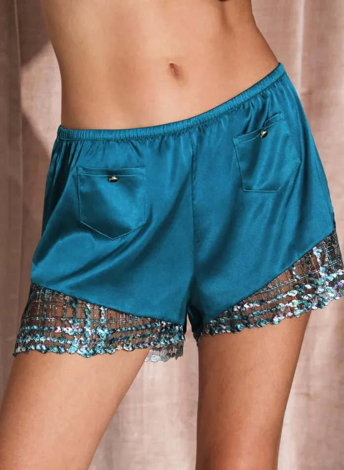 Shorts and Skirts LingerieClothing Fleur Du Mal Gabrielle Embroidery Tap Short Aquamarine