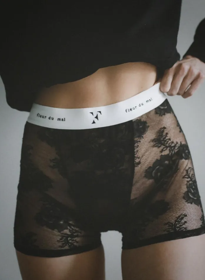 Shorts and Skirts PleasureLingerieClothing Fleur Du Mal Bouquet Lace Boxer Brief Black