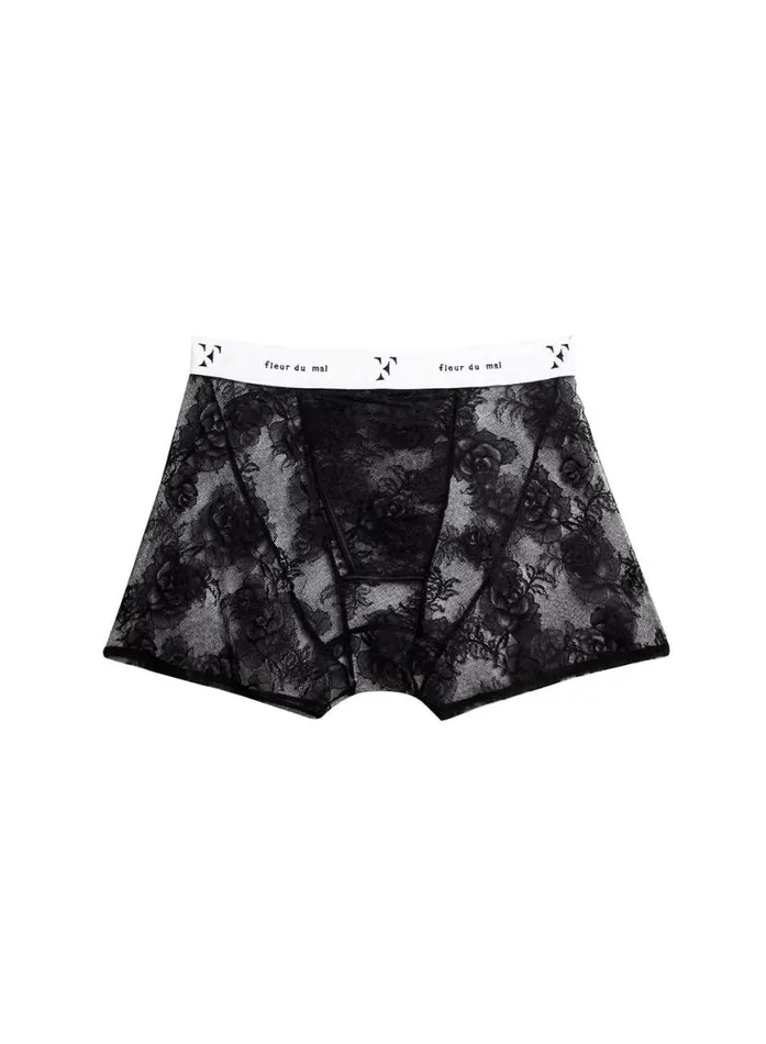 Shorts and Skirts PleasureLingerieClothing Fleur Du Mal Bouquet Lace Boxer Brief Black