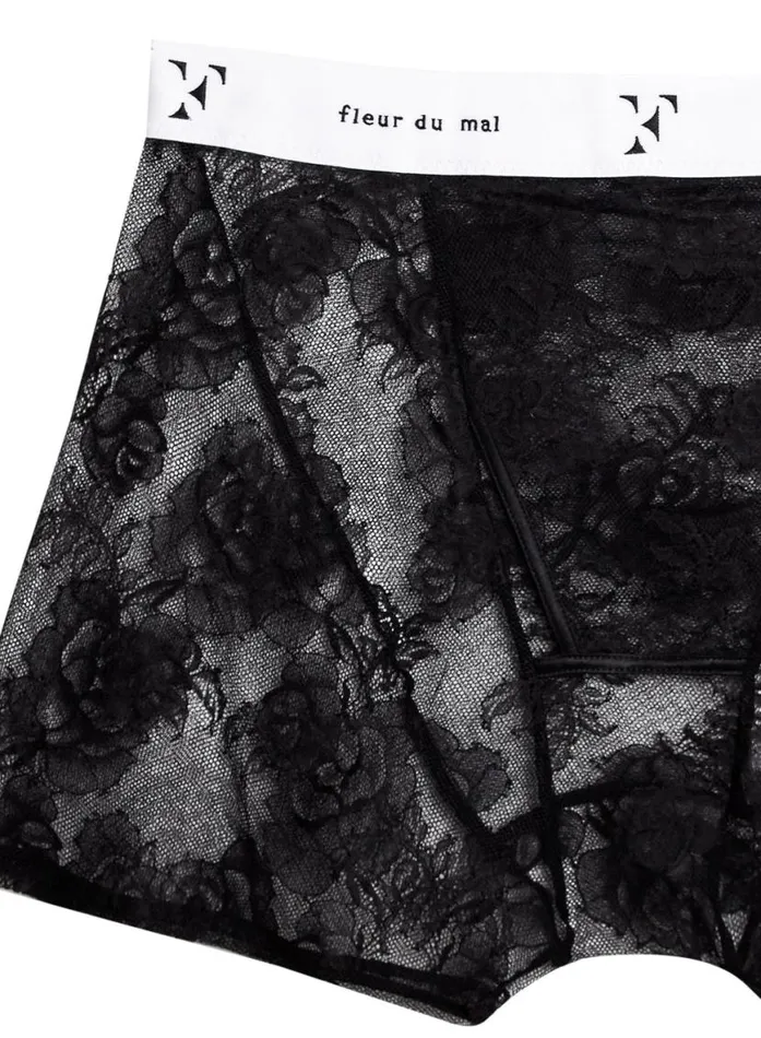 Shorts and Skirts PleasureLingerieClothing Fleur Du Mal Bouquet Lace Boxer Brief Black