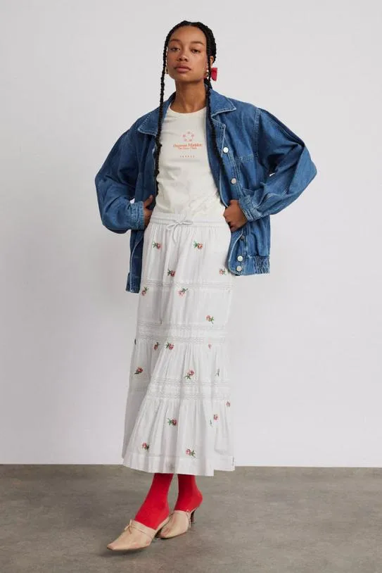 Skirts Women Damson Madder Eden Lace Midi Skirt 8211 Rose Embroidery
