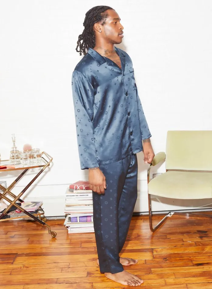 Sleepwear LingerieClothing Fleur Du Mal Men039s Silk Jacquard PJ Pant Deep Slate