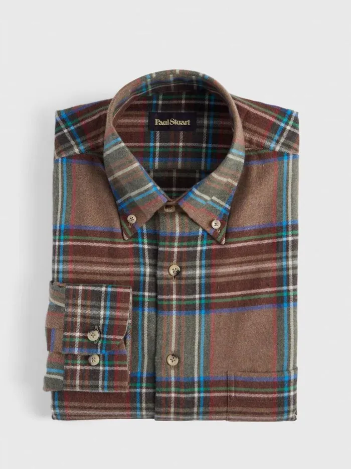 Sport Shirts Mens Paul Stuart Exaggerated Plaid Flannel Sport Shirt Brown