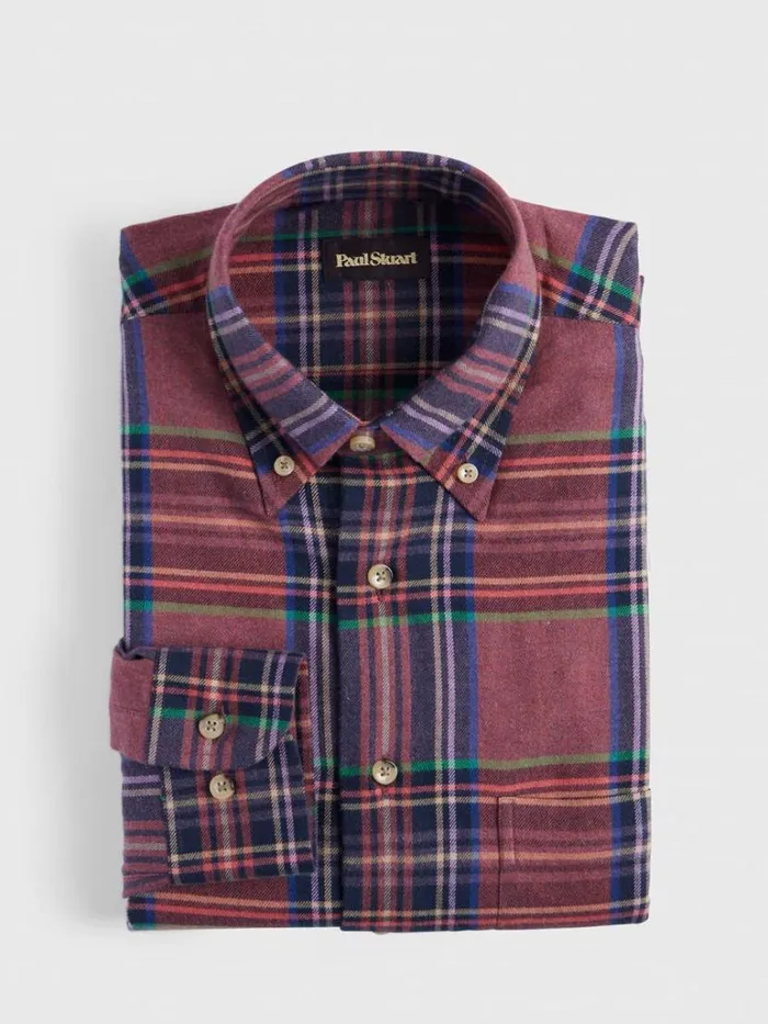 Sport Shirts Mens Paul Stuart Exaggerated Plaid Flannel Sport Shirt Burgundy