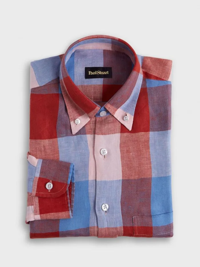 Sport Shirts Mens Paul Stuart Linen Buffalo Check Sport Shirt Redlt Blue