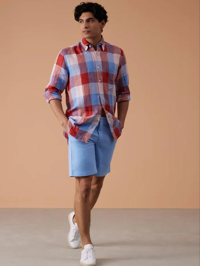 Sport Shirts Mens Paul Stuart Linen Buffalo Check Sport Shirt Redlt Blue