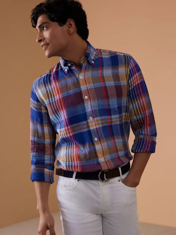 Sport Shirts Mens Paul Stuart Linen Plaid Sport Shirt Bluepink