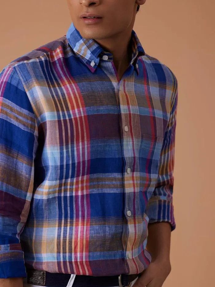 Sport Shirts Mens Paul Stuart Linen Plaid Sport Shirt Bluepink