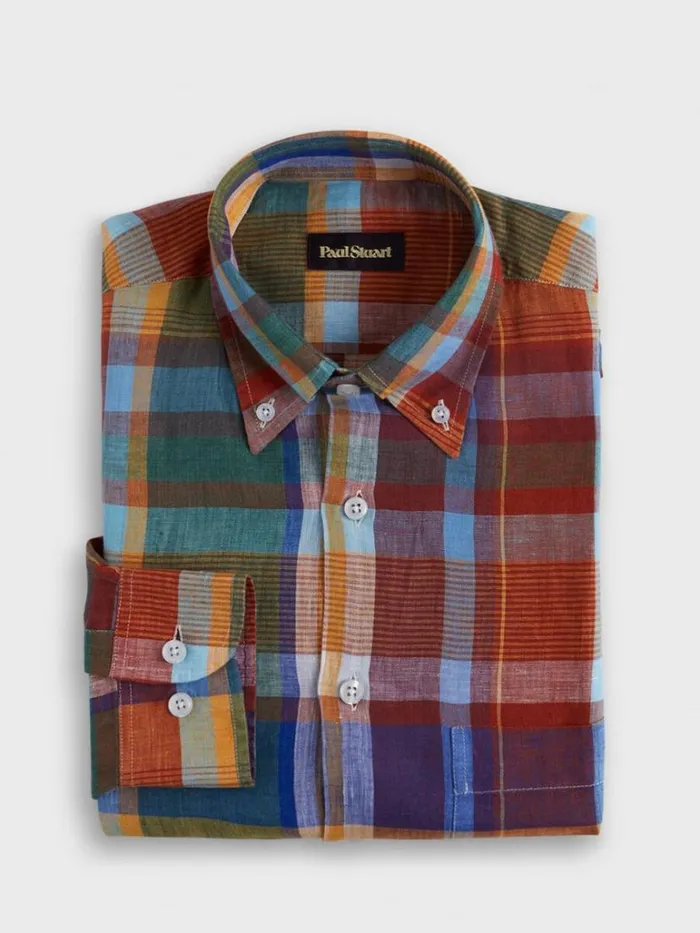 Sport Shirts Mens Paul Stuart Linen Plaid Sport Shirt Multi