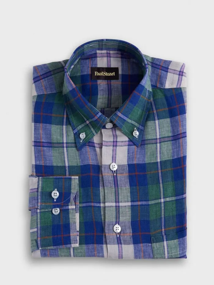Sport Shirts Mens Paul Stuart Linen Plaid Sport Shirt Purplegreen