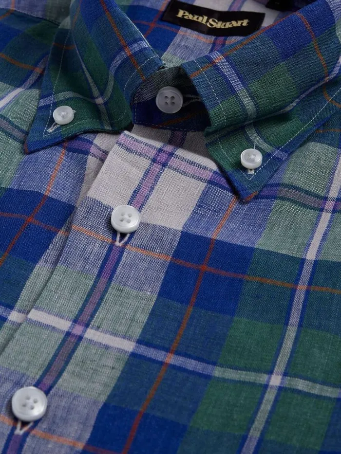 Sport Shirts Mens Paul Stuart Linen Plaid Sport Shirt Purplegreen