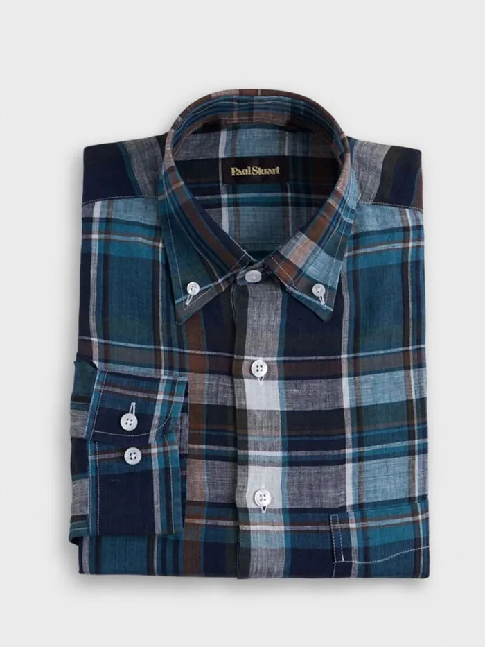 Sport Shirts Mens Paul Stuart Linen Plaid Sport Shirt Teal