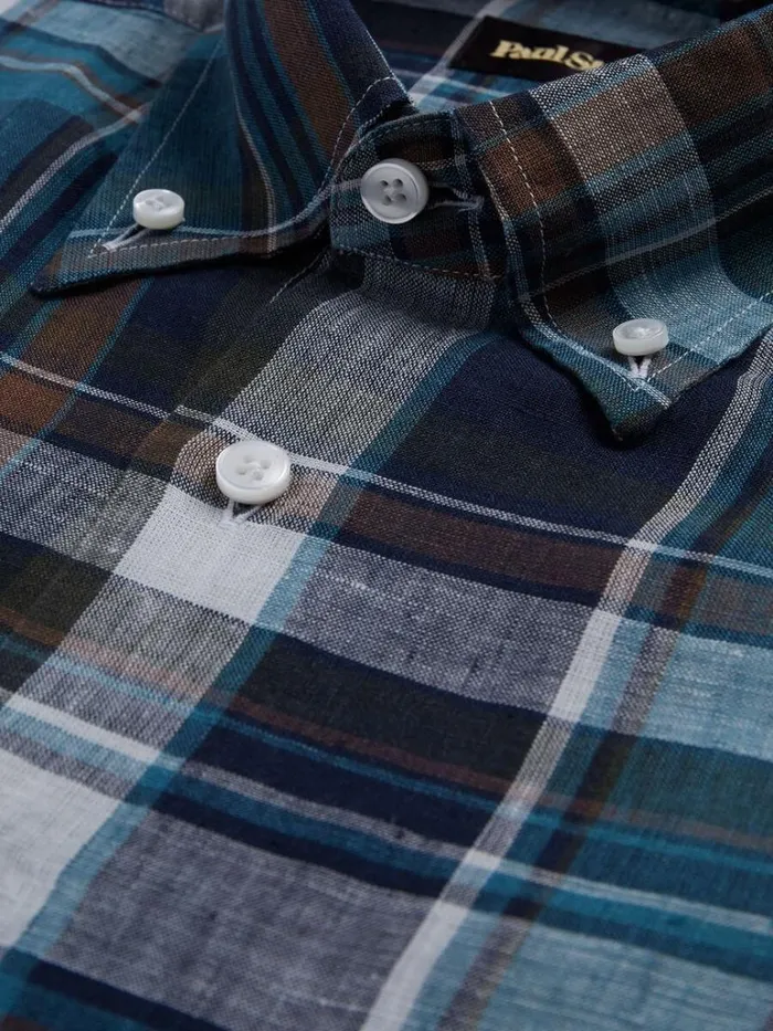 Sport Shirts Mens Paul Stuart Linen Plaid Sport Shirt Teal