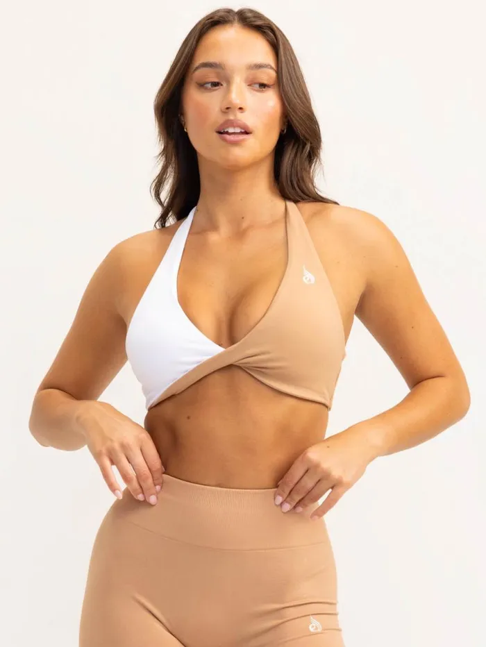 Sports Bras Womens Ryderwear Duo Halter Twist Sports Bra Whitetan